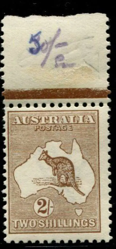 1913 1st wmk 2/- brown with top selvedge with m/s ... Image 1++