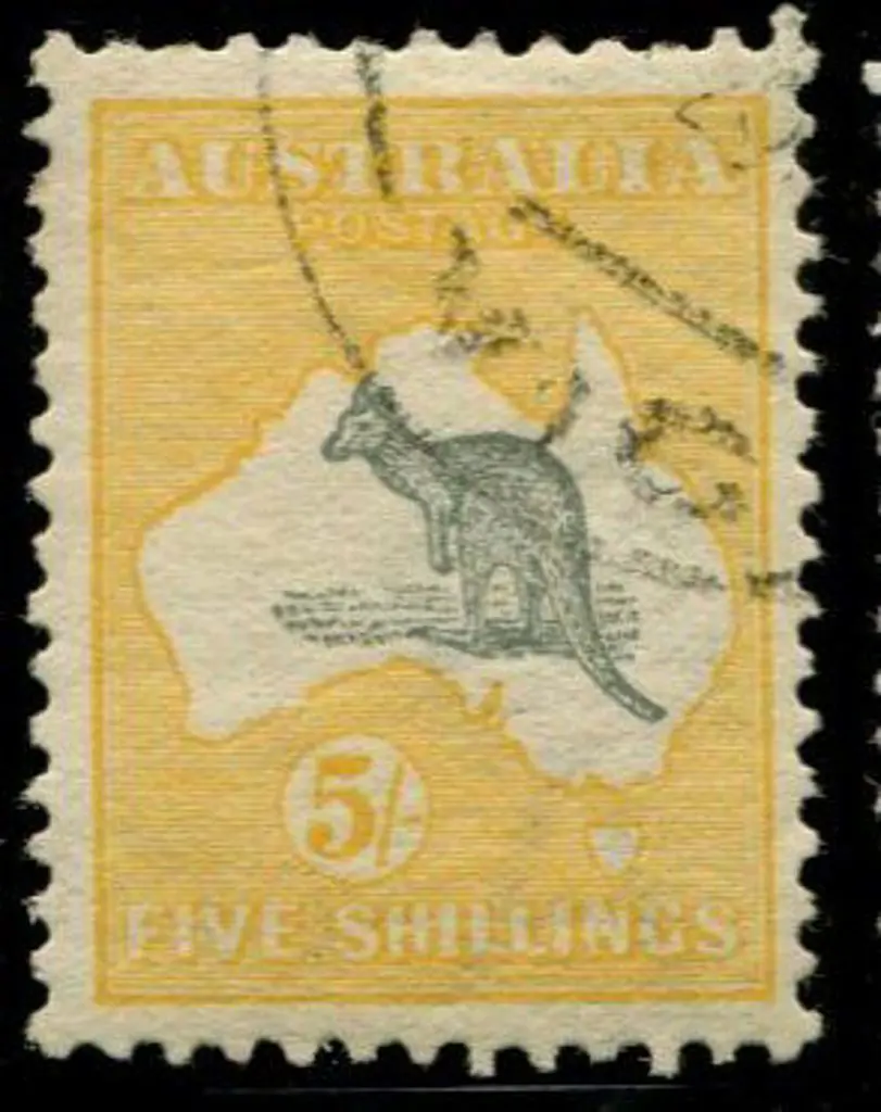 1913 1st wmk 5/- grey & chrome yellow with Duty ... Image 1++