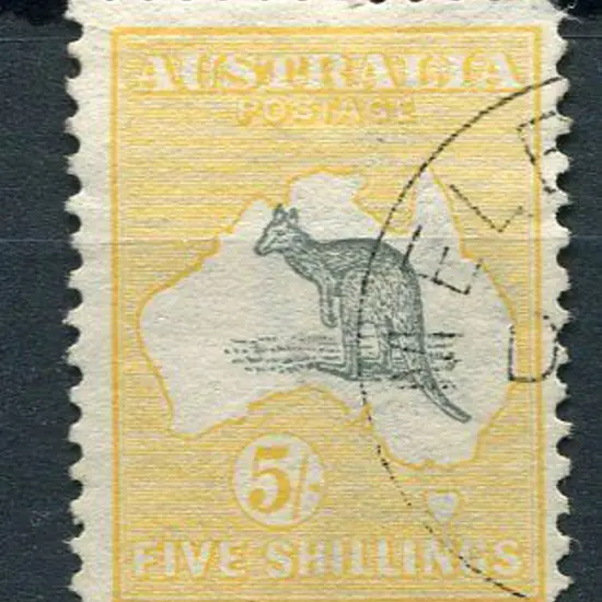 1913 1st wmk 5/- grey & yellow. CTO with Melbourne ...