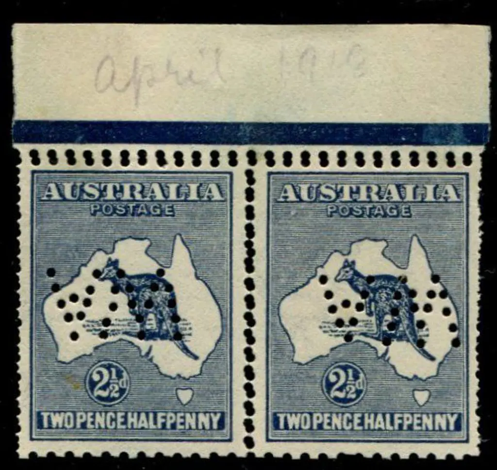 1915 2nd wmk 2½d indigo top marginal pair perfined ... Image 1++