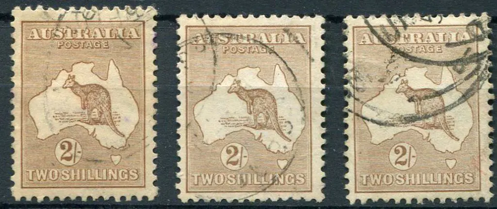 1915 2nd wmk 2/- light brown x 3 F/U examples. One ... Image 1++