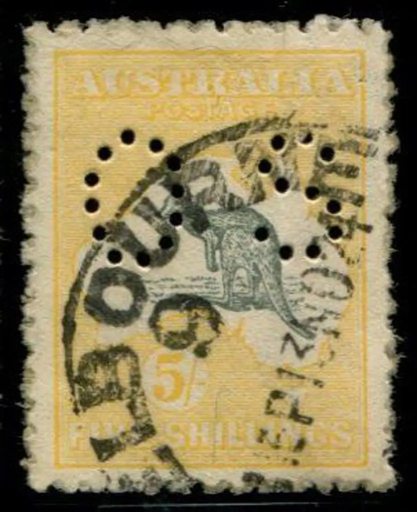 1915 2nd wmk 5/- deep grey & yellow perfined "OS" ... Image 1++