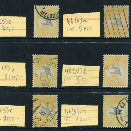 1931-47 CofA 5/- grey & yellow. 9 used examples of ...