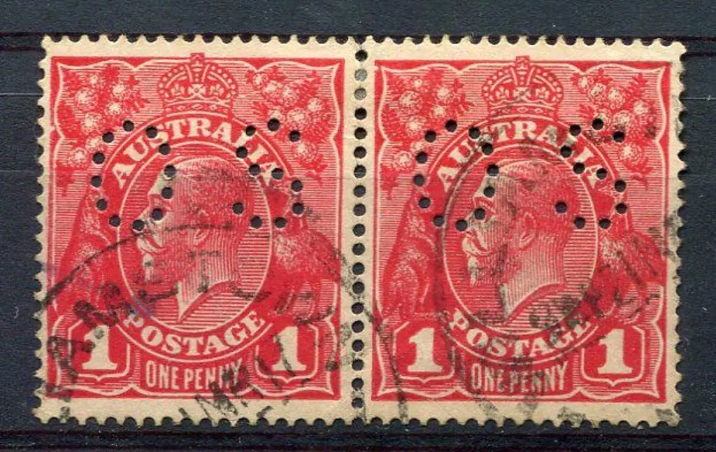 1d red pair perfined "OS" with "wattle line" & ... Image 1++