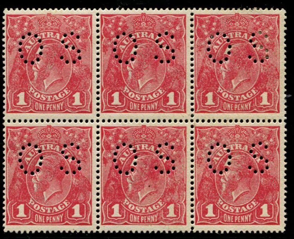 1d carmine rose (G74) block of 6 on rough paper ... Image 1++