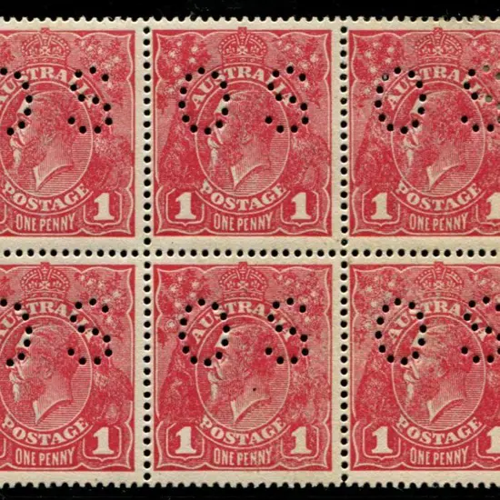 1d carmine rose (G74) block of 6 on rough paper ...