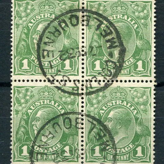 1d green block of 4 with "wattle line", "nick near ...