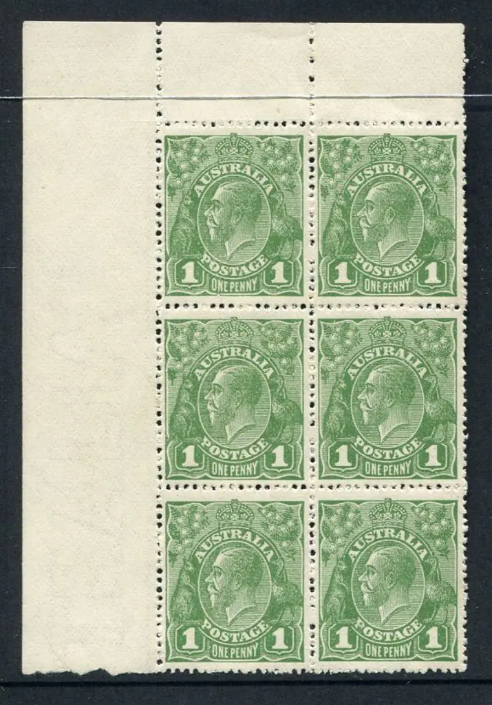 1d green top left selvedge block of 6, Pane 7 ... Image 1++