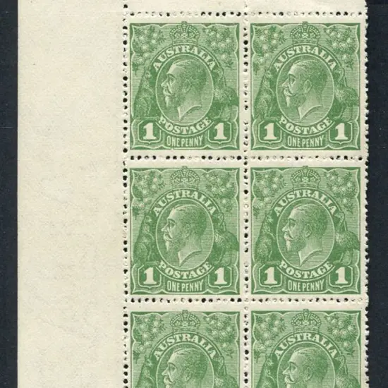 1d green top left selvedge block of 6, Pane 7 ...
