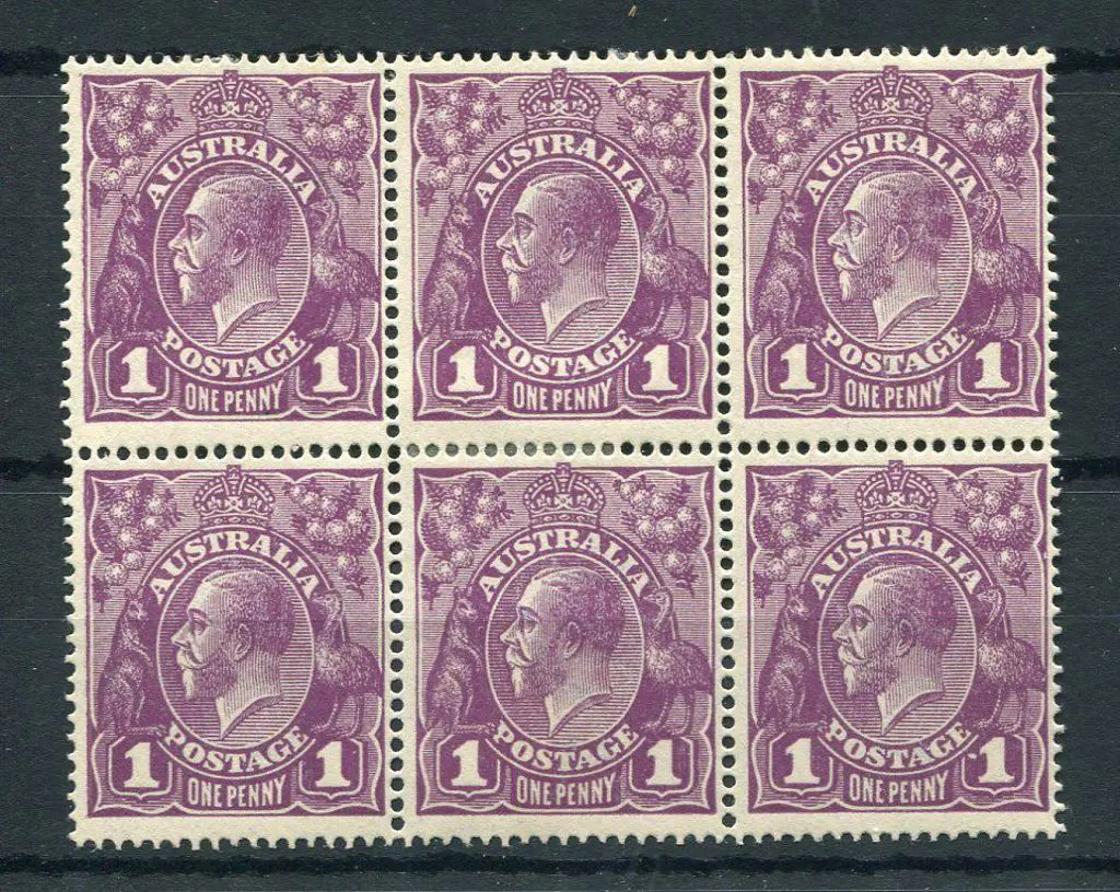 1d violet block of 6 from pane positions 13-15 & ... Image 1++