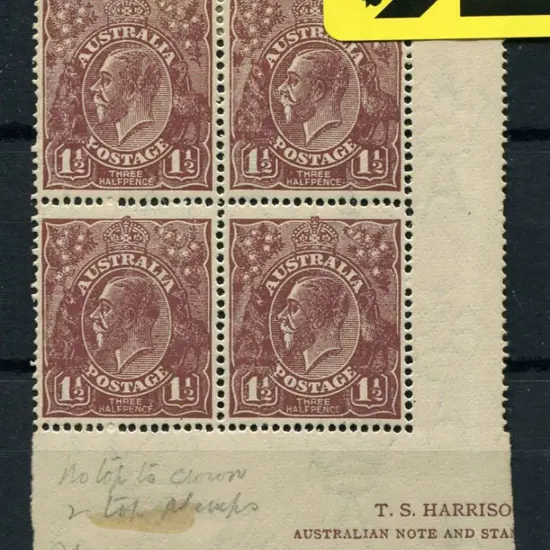 1½d brown part imprint selvedge block of 4 with ...