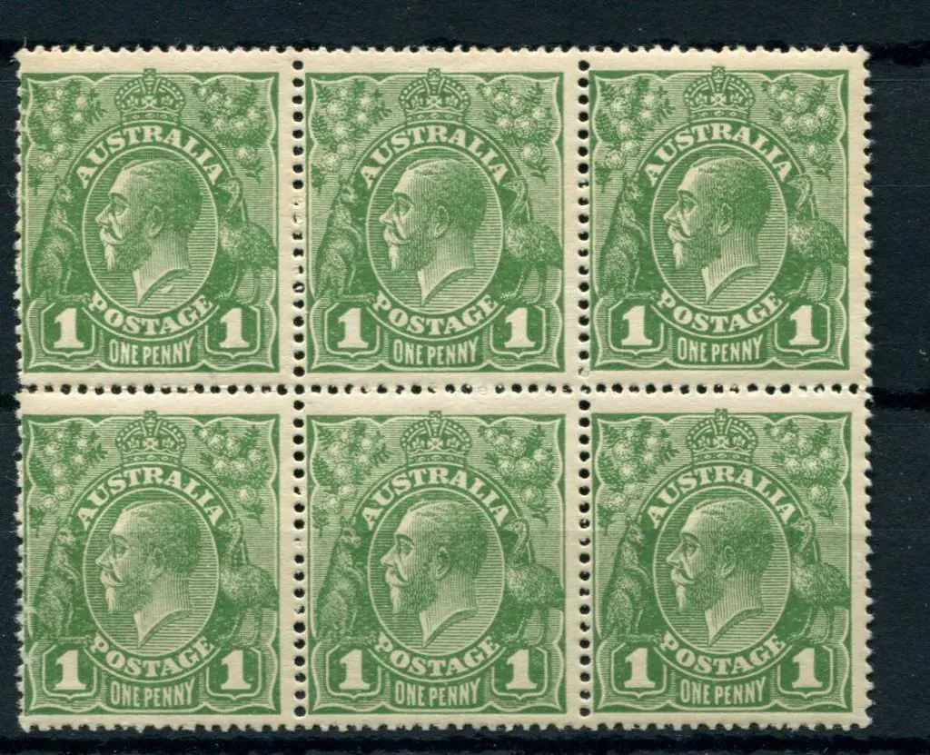 1d green block of 6 with "flaw under neck" ... Image 1++