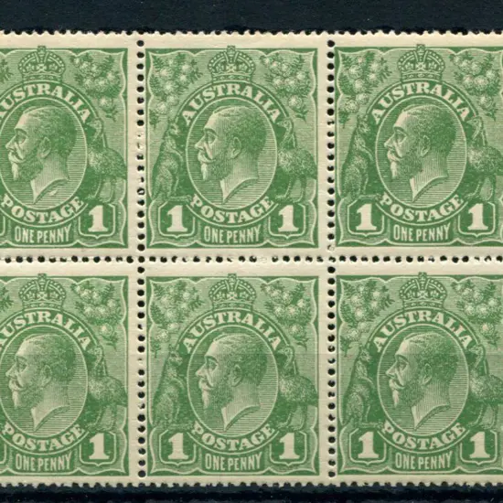 1d green block of 6 with "flaw under neck" ...