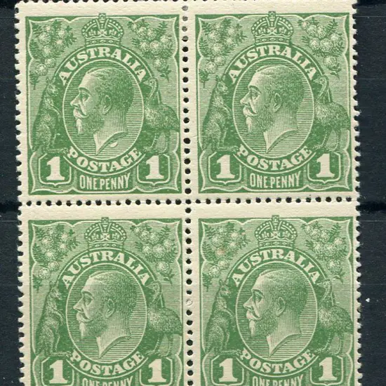 1d green block of 4 with "flaw under neck" ...