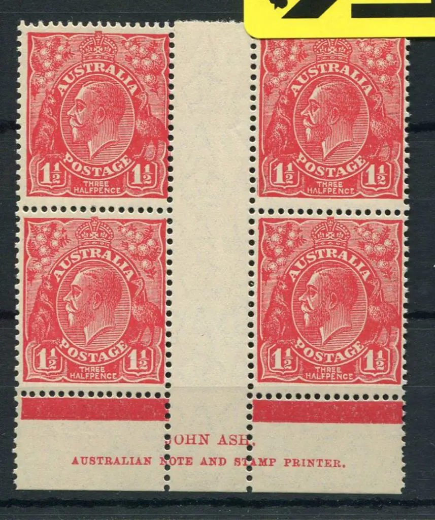 1½d red Ash imprint block of 4 "N over A". MUH/MLH ... Image 1++