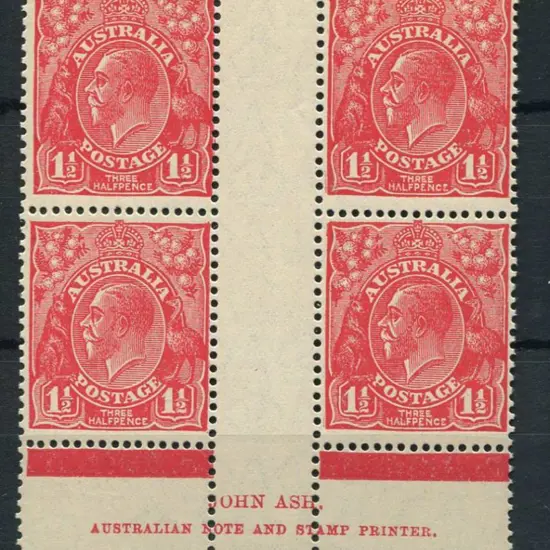 1½d red Ash imprint block of 4 "N over A". MUH/MLH ...