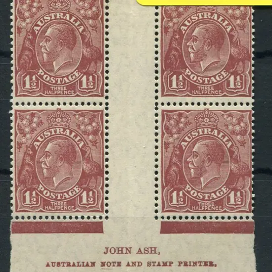 1½d brown Ash imprint block of 4 "N over A". MVLH ...