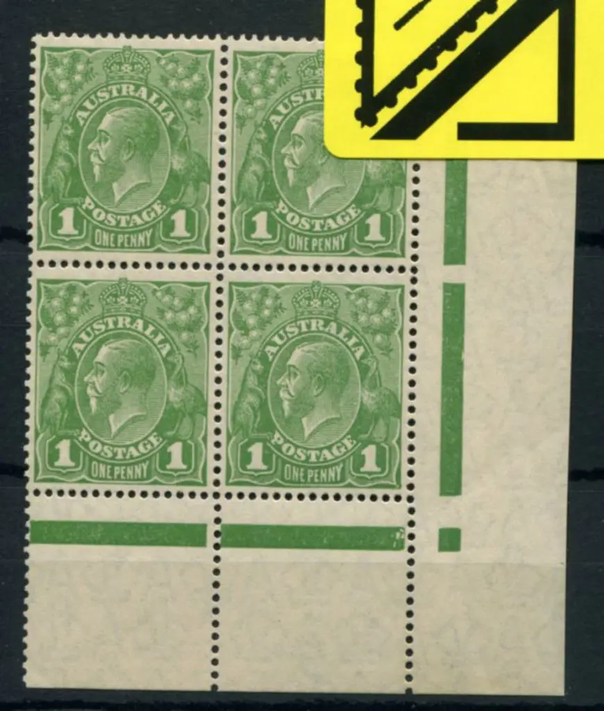 1d green selvedge block of 4, pane 8, lower right ... Image 1++