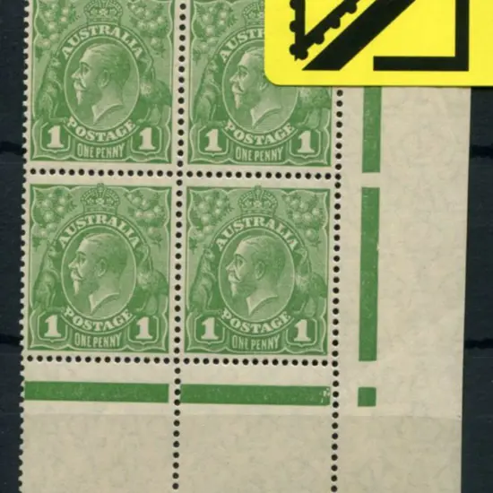 1d green selvedge block of 4, pane 8, lower right ...