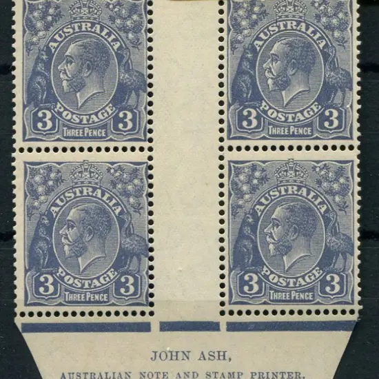 3d blue, Die II, Ash imprint block of 4. Fresh ...