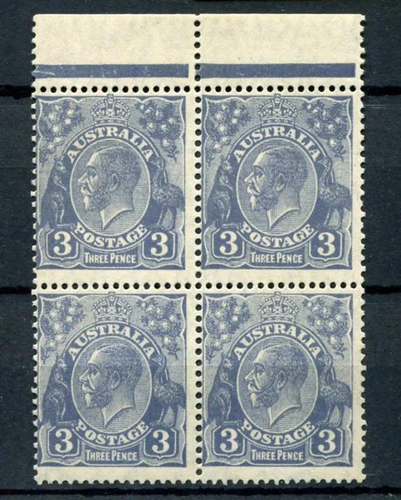 3d blue, Die II, top selvedge block of 4 with ... Image 1++
