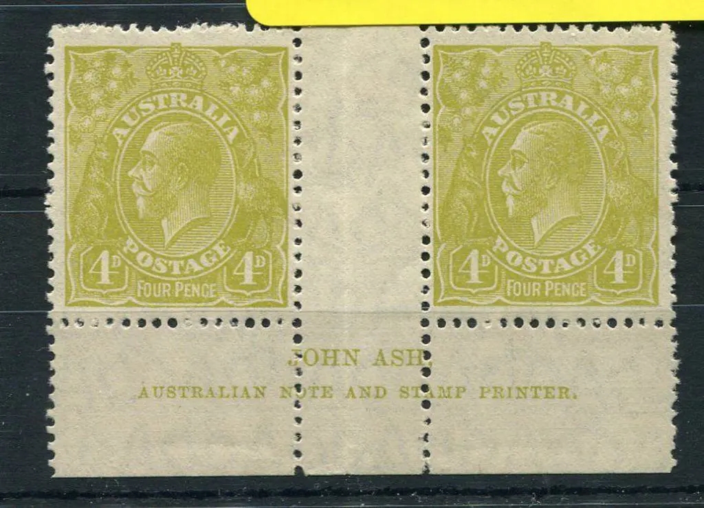 4d olive-green Ash imprint pair. Mixed centring & ... Image 1++