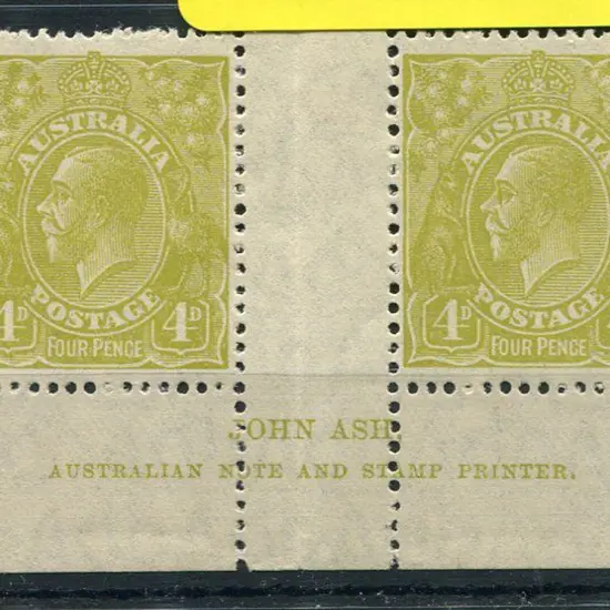 4d olive-green Ash imprint pair. Mixed centring & ...