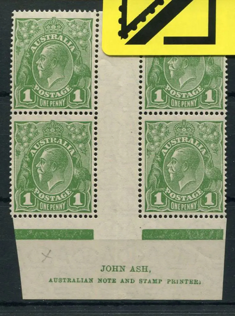 1d green John Ash imprint "N over A" block of 4 ... Image 1++