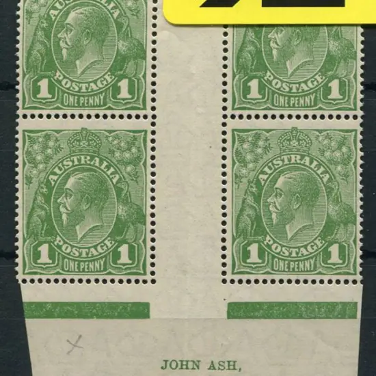 1d green John Ash imprint "N over A" block of 4 ...