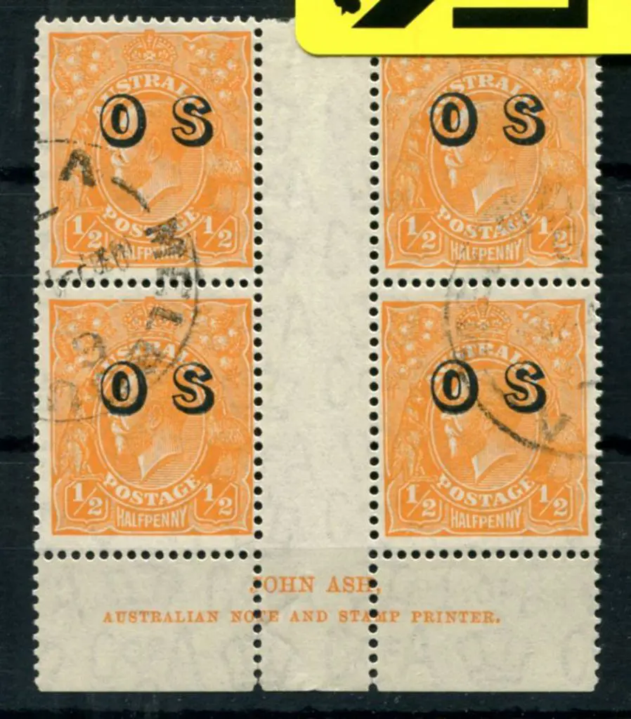 ½d orange ovptd "OS" John Ash imprint block of 4 ... Image 1++