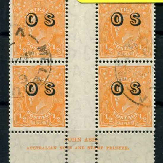 ½d orange ovptd "OS" John Ash imprint block of 4 ...
