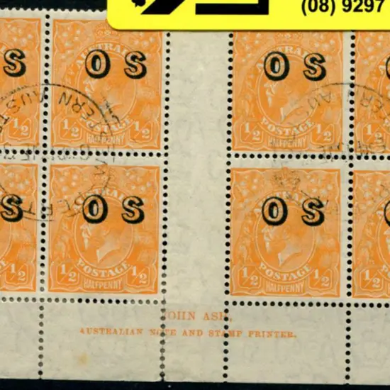 ½d orange ovptd "OS" John Ash imprint block of 8 ...