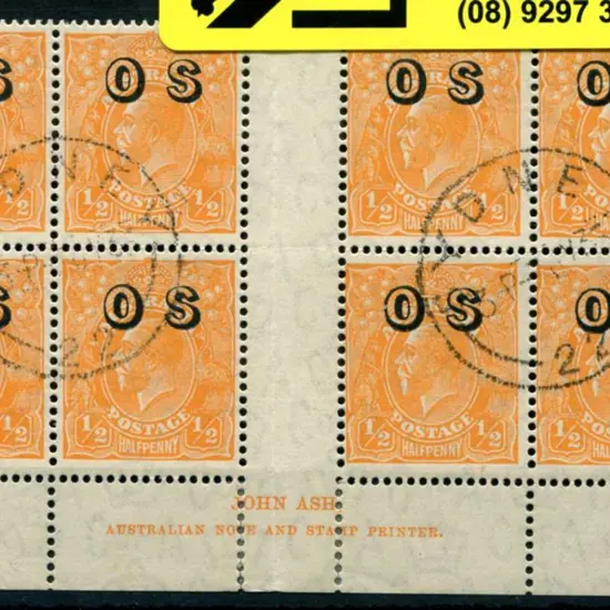 ½d orange ovptd "OS" John Ash imprint block of 8 ...