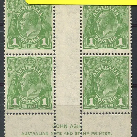 1d green Ash imprint block of 4 with inverted wmk. ...