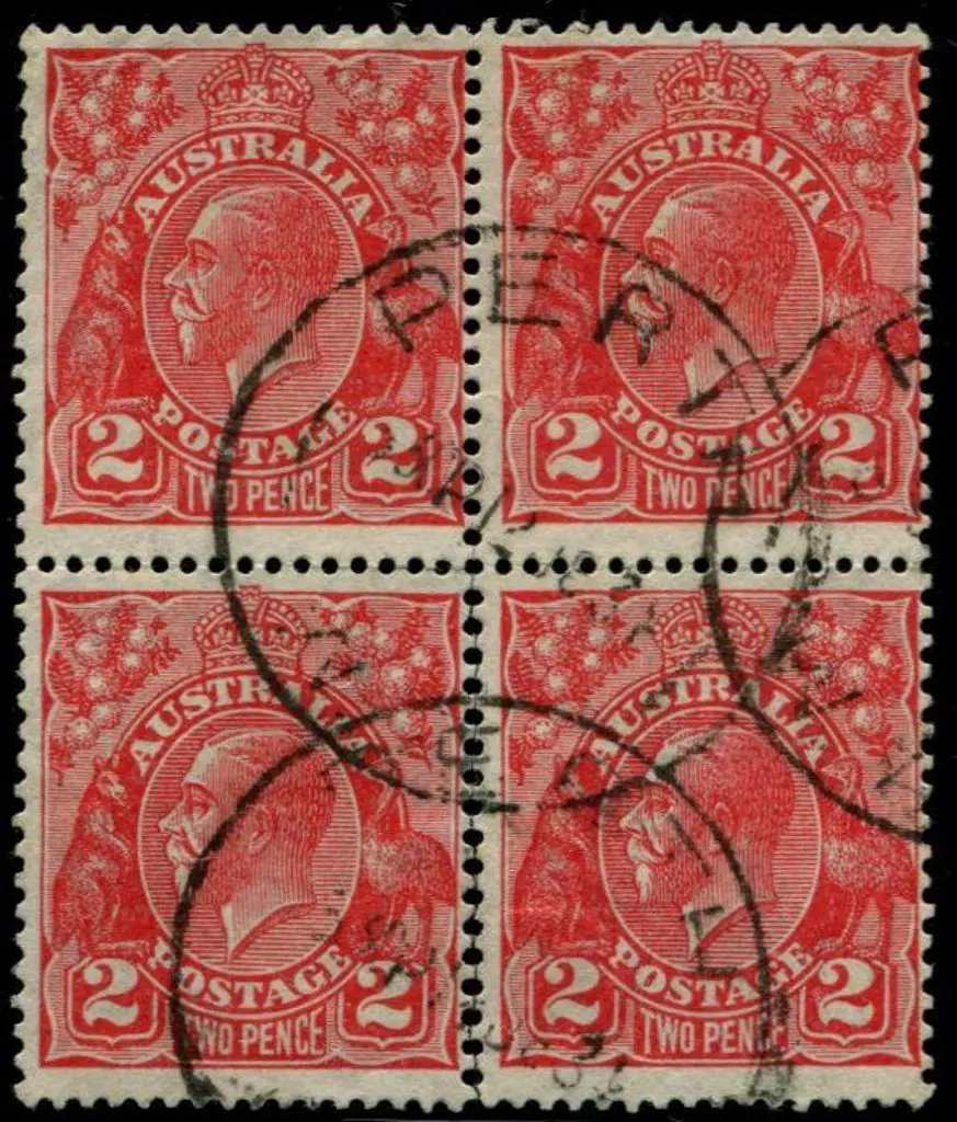 2d golden scarlet in fine used block of 4 with the ... Image 1++