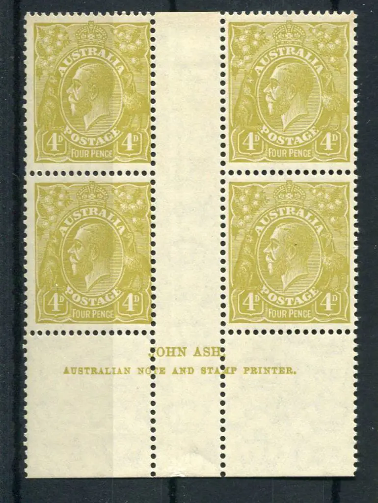 4d olive Ash imprint block of 4. Plate 4. MVLH. ... Image 1++