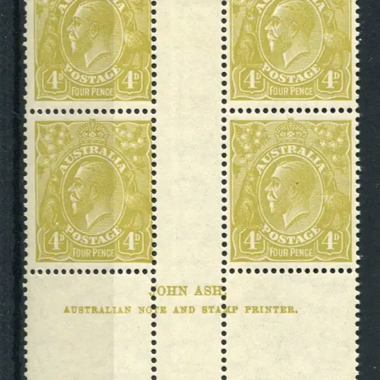 4d olive Ash imprint block of 4. Plate 4. MVLH. ...