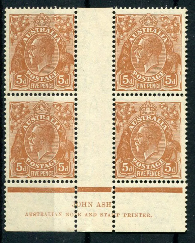 5d orange-brown Ash imprint block of 4. Plate 3 & ... Image 1++