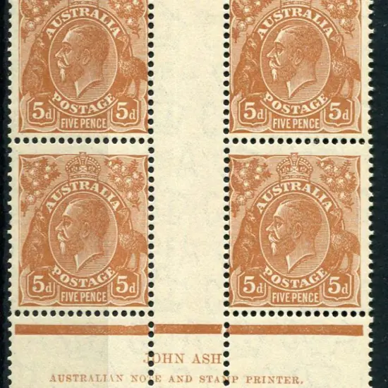 5d orange-brown Ash imprint block of 4. Plate 3 & ...