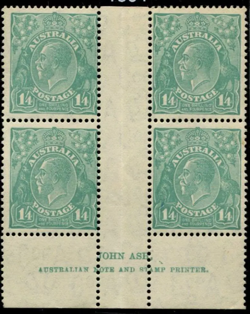 1/4d turquoise in Ash imprint block of 4. MLH. ... Image 1++