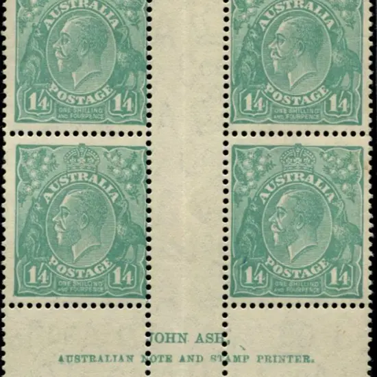 1/4d turquoise in Ash imprint block of 4. MLH. ...