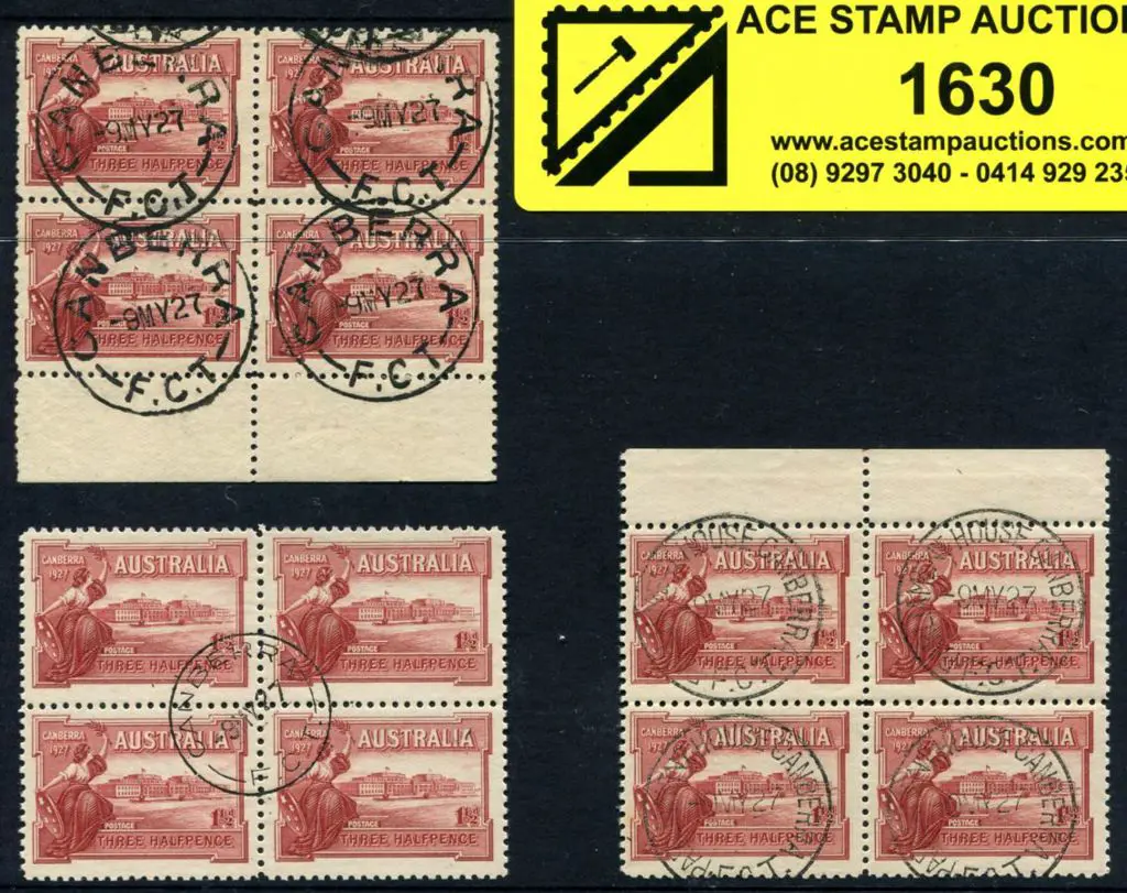 1927 1½d Canberra Parl House block of 4 with neat ... Image 1++