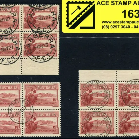 1927 1½d Canberra Parl House block of 4 with neat ...