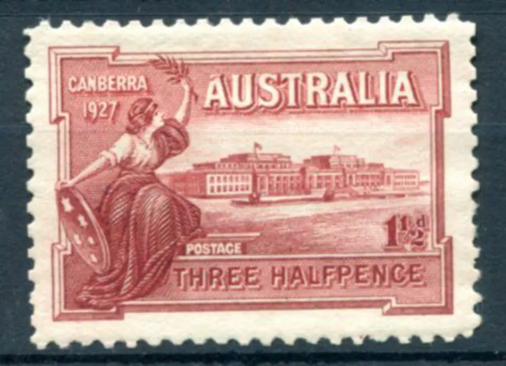 1927 1½d Canberra Parl House with "flaw in top of ... Image 1++