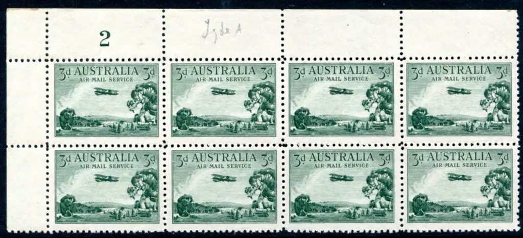 1929 3d Airmail, type A, plate No. 2 block of 8. ... Image 1++