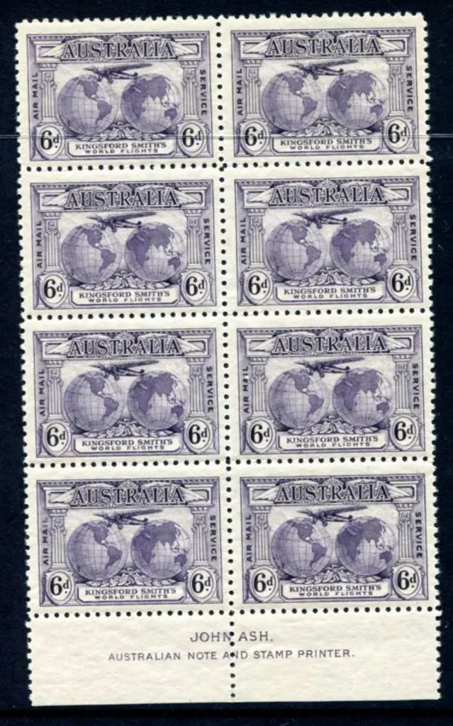 1931 6d Kingsford Smith John Ash imprint block of ... Image 1++