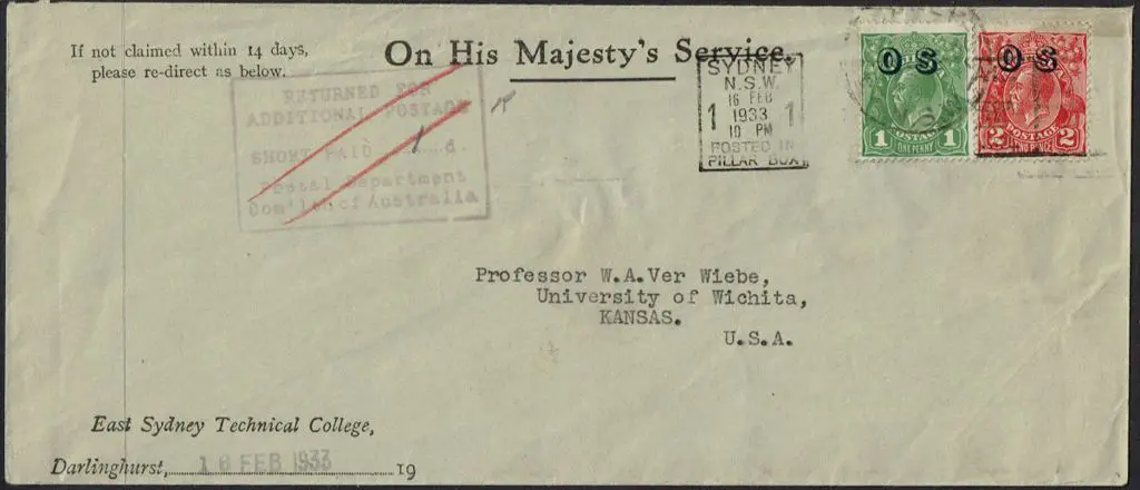 1933 (16th Feb) OHMS cover from "East Sydney ... Image 1++