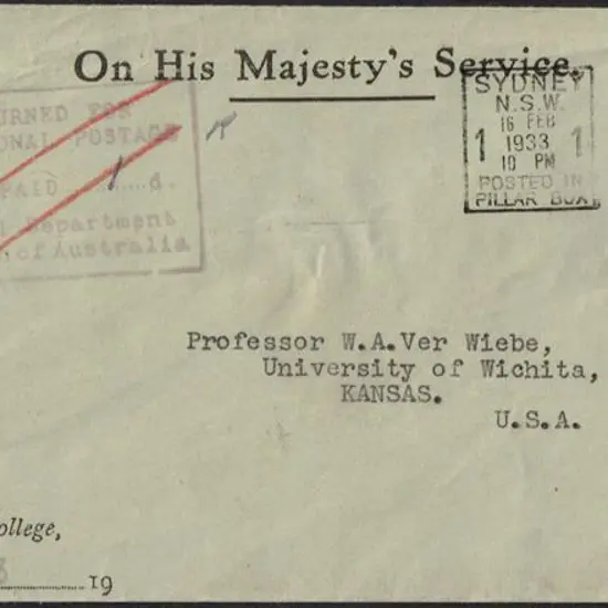1933 (16th Feb) OHMS cover from "East Sydney ...