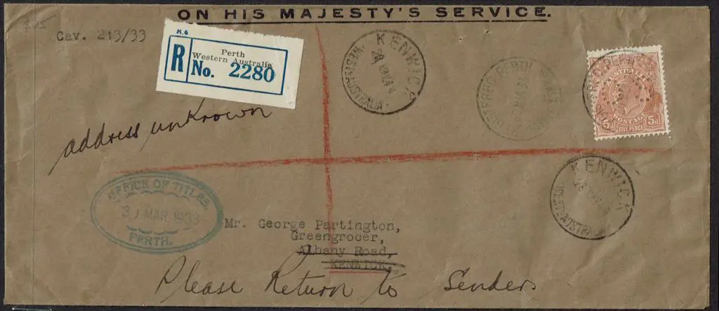 1933 (30th Mar) OHMS long env with 5d KGV perfined ... Image 1++