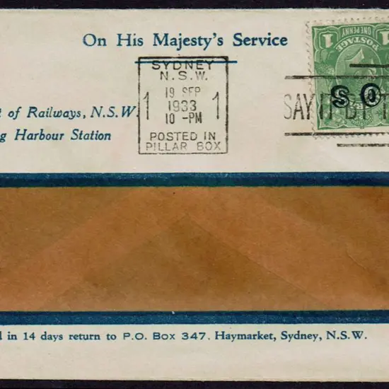 1933 (19th Sept) OHMS "Department of Railways NSW ...